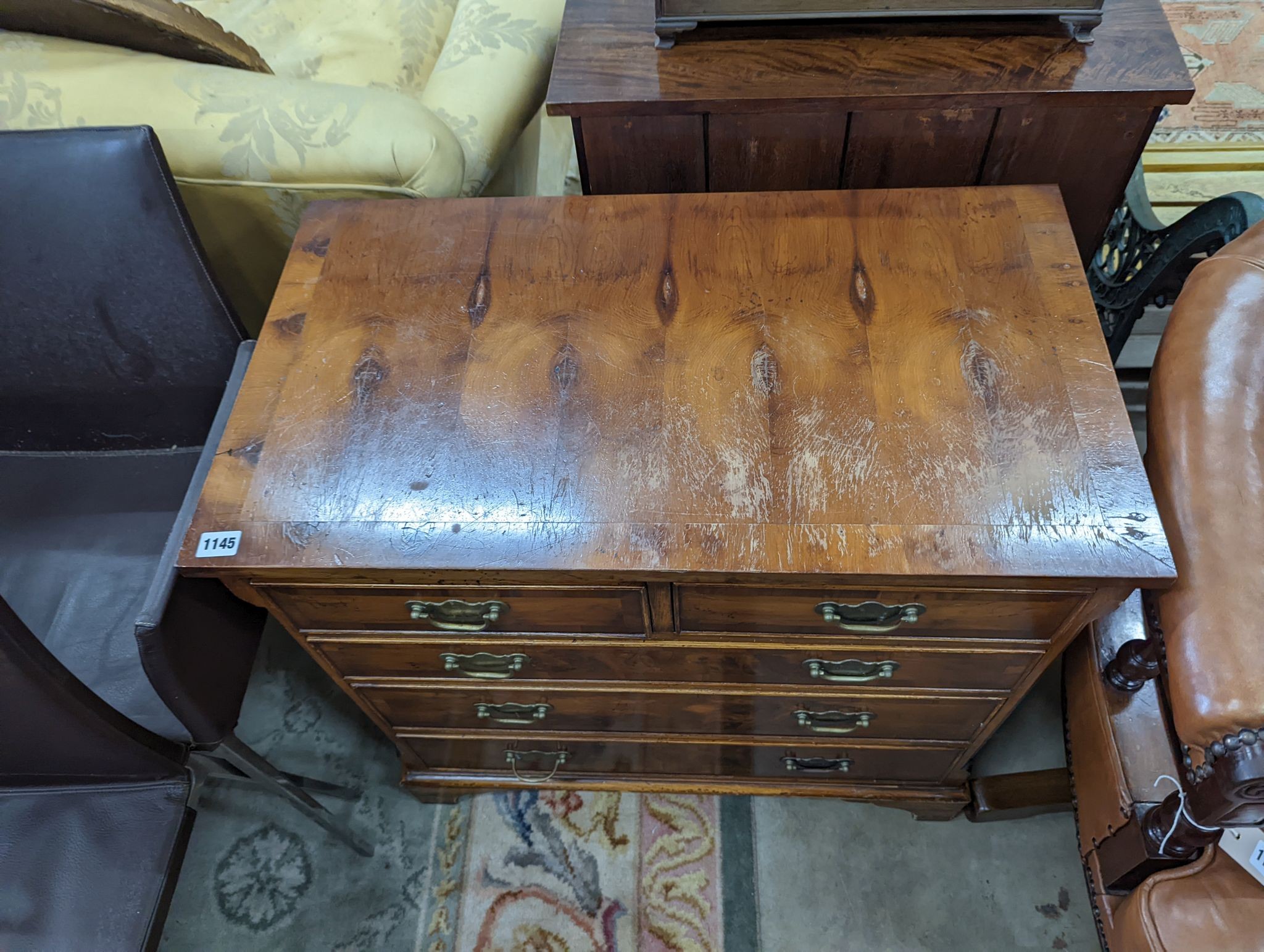 A pair of reproduction George III style yew chests, width 75cm, depth 43cm, height 74cm